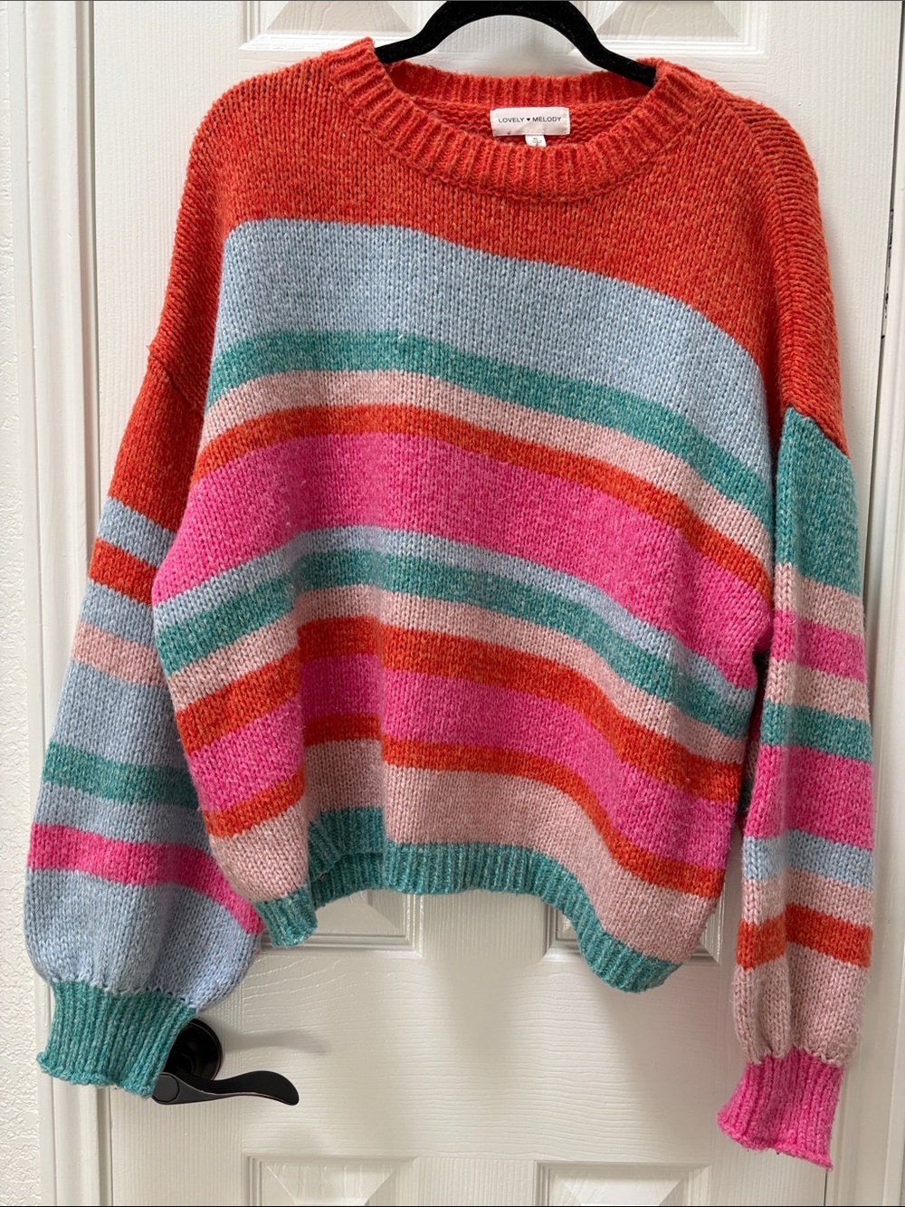 Lovely Melody Colorblock Stripe Crewneck Sweater - Coral, Pink, Teal, Light Blue
